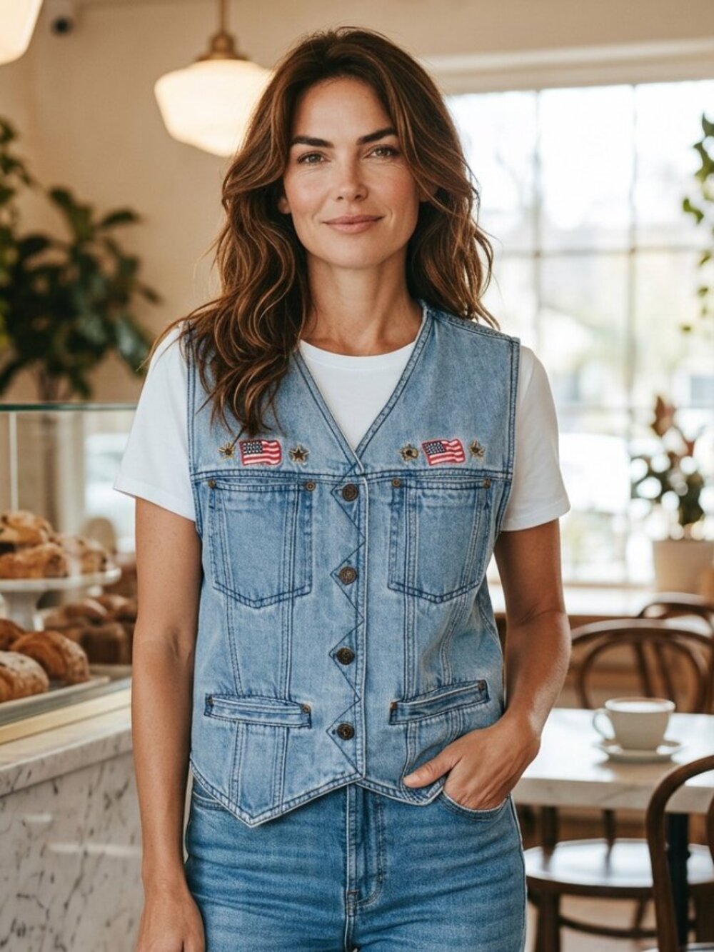 Vintage Denim Vest America Embroidered Sz L SOLUTIONS ORIGINAL Jean Flag Top